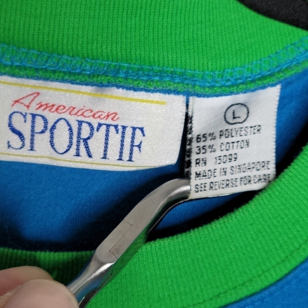 Vintage 80s American Sportif Double Layered Pocket Tee T-Shirt Blue Green - Picture 5 of 5